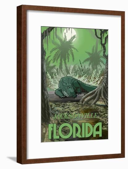 Jacksonville, Florida - Alligator in Swamp-Lantern Press-Framed Art Print