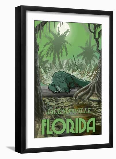 Jacksonville, Florida - Alligator in Swamp-Lantern Press-Framed Art Print