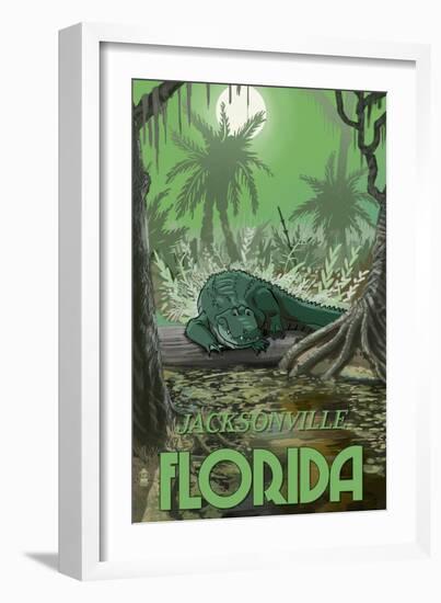 Jacksonville, Florida - Alligator in Swamp-Lantern Press-Framed Art Print