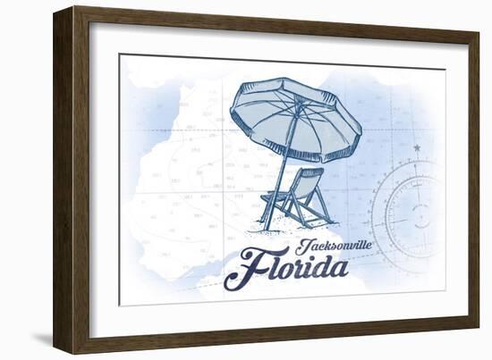 Jacksonville, Florida - Beach Chair and Umbrella - Blue - Coastal Icon-Lantern Press-Framed Art Print