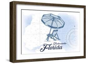 Jacksonville, Florida - Beach Chair and Umbrella - Blue - Coastal Icon-Lantern Press-Framed Art Print