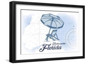 Jacksonville, Florida - Beach Chair and Umbrella - Blue - Coastal Icon-Lantern Press-Framed Art Print