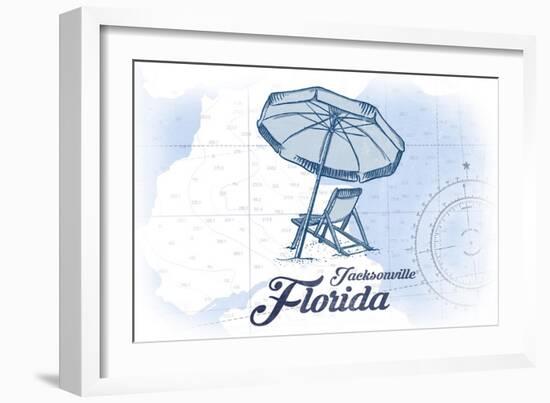 Jacksonville, Florida - Beach Chair and Umbrella - Blue - Coastal Icon-Lantern Press-Framed Art Print