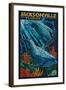 Jacksonville, Florida - Dolphins Paper Mosaic-Lantern Press-Framed Art Print