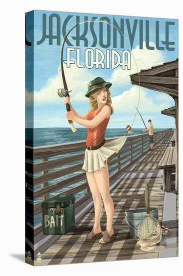 Jacksonville, Florida - Fishing Pinup Girl-Lantern Press-Stretched Canvas