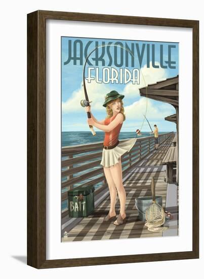 Jacksonville, Florida - Fishing Pinup Girl-Lantern Press-Framed Art Print