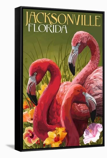 Jacksonville, Florida - Flamingos-Lantern Press-Framed Stretched Canvas