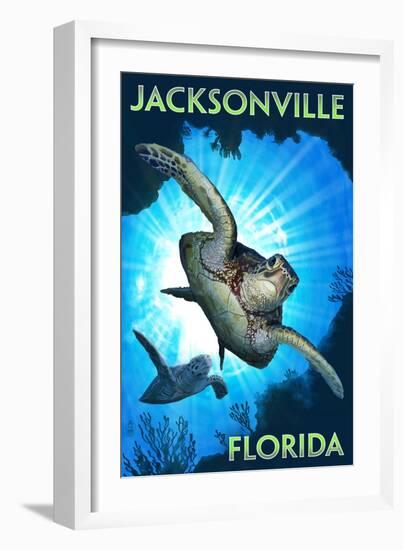 Jacksonville, Florida - Sea Turtle Diving-Lantern Press-Framed Art Print