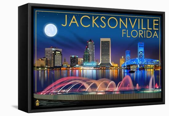 Jacksonville, Florida - Skyline at Night-Lantern Press-Framed Stretched Canvas