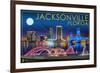 Jacksonville, Florida - Skyline at Night-Lantern Press-Framed Premium Giclee Print