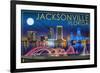 Jacksonville, Florida - Skyline at Night-Lantern Press-Framed Premium Giclee Print
