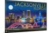 Jacksonville, Florida - Skyline at Night-Lantern Press-Mounted Premium Giclee Print