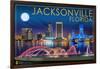 Jacksonville, Florida - Skyline at Night-Lantern Press-Framed Art Print