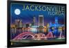 Jacksonville, Florida - Skyline at Night-Lantern Press-Framed Art Print