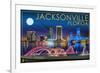 Jacksonville, Florida - Skyline at Night-Lantern Press-Framed Art Print