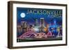 Jacksonville, Florida - Skyline at Night-Lantern Press-Framed Art Print