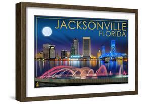 Jacksonville, Florida - Skyline at Night-Lantern Press-Framed Art Print