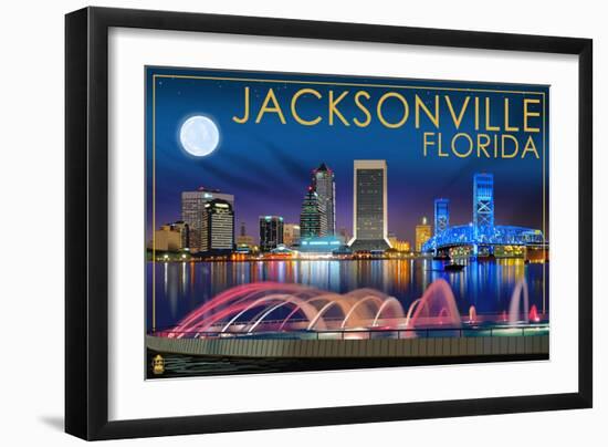 Jacksonville, Florida - Skyline at Night-Lantern Press-Framed Art Print