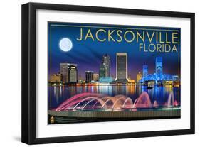 Jacksonville, Florida - Skyline at Night-Lantern Press-Framed Art Print