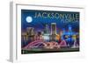 Jacksonville, Florida - Skyline at Night-Lantern Press-Framed Art Print