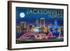 Jacksonville, Florida - Skyline at Night-Lantern Press-Framed Art Print
