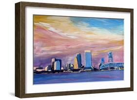 Jacksonville Florida Skyline With Bridge At Sunset-Markus Bleichner-Framed Art Print