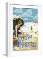 Jacksonville, Florida - Woman and Beach Scene-Lantern Press-Framed Art Print