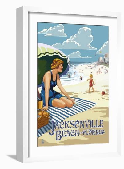 Jacksonville, Florida - Woman and Beach Scene-Lantern Press-Framed Art Print