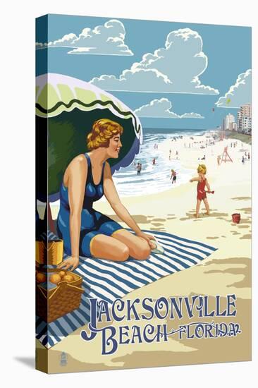 Jacksonville, Florida - Woman and Beach Scene-Lantern Press-Stretched Canvas
