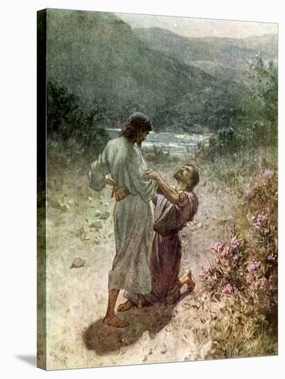 Jacob and the angel at Peniel - Bible-William Brassey Hole-Stretched Canvas