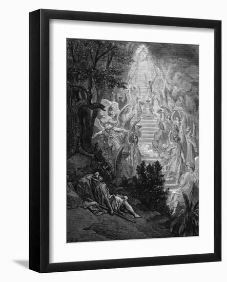 Jacob's Dream of a Stairway Leading to Heaven with God at the Top, 1865-1866-Gustave Doré-Framed Giclee Print