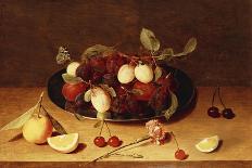 Plums and Peaches on a Pewter Dish with Cherries and a Carnation on a Table-Jacob van Hulsdonck-Framed Stretched Canvas