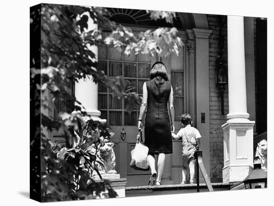 Jacqueline Kennedy and Her Son, 3 Year Old John F, Kennedy Jr Entering Georgetown Federal Era Home-null-Stretched Canvas