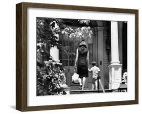 Jacqueline Kennedy and Her Son, 3 Year Old John F, Kennedy Jr Entering Georgetown Federal Era Home-null-Framed Photo