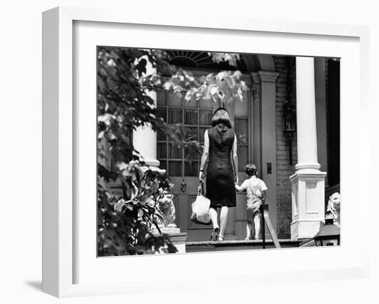 Jacqueline Kennedy and Her Son, 3 Year Old John F, Kennedy Jr Entering Georgetown Federal Era Home-null-Framed Photo