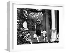 Jacqueline Kennedy and Her Son, 3 Year Old John F, Kennedy Jr Entering Georgetown Federal Era Home-null-Framed Photo