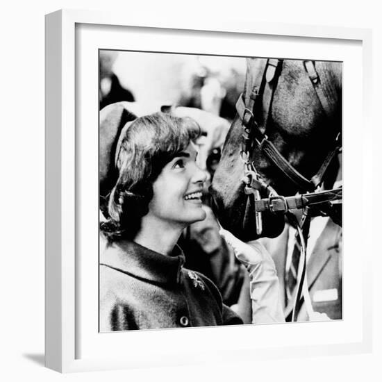 Jacqueline Kennedy Beams at One of the Famed Horses of the Canadian Royal Mounted Police-null-Framed Photo