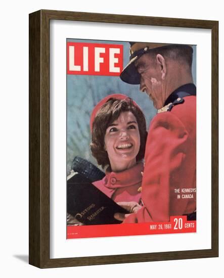 Jacqueline Kennedy Chatting with Canadian Mounted Policeman During Visit with JFK, May 26, 1961-Leonard Mccombe-Framed Photographic Print