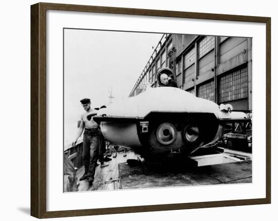 Jacques Cousteau in Underwater Observation Chamber on Deck of 'Calypso' in 1959-null-Framed Photo