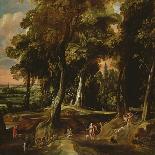 Landscape with deer hunt (The forest road)-Jacques d' Arthois-Stretched Canvas