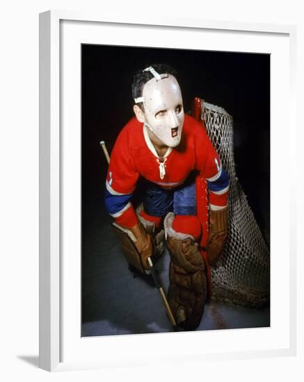 Jacques Plante, Goalie of the Montreal Canadiens Wearing a Mask-null-Framed Premium Photographic Print