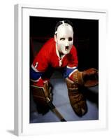 Jacques Plante, Goalie of the Montreal Canadiens Wearing a Mask-null-Framed Premium Photographic Print