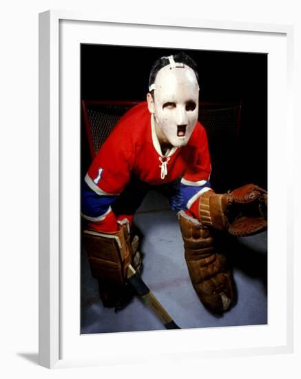 Jacques Plante, Goalie of the Montreal Canadiens Wearing a Mask-null-Framed Premium Photographic Print