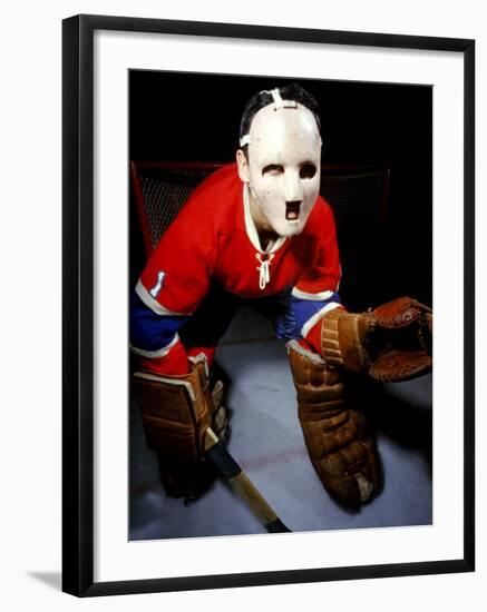 Jacques Plante, Goalie of the Montreal Canadiens Wearing a Mask-null-Framed Premium Photographic Print