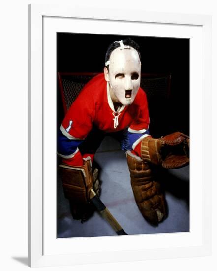 Jacques Plante, Goalie of the Montreal Canadiens Wearing a Mask-null-Framed Premium Photographic Print