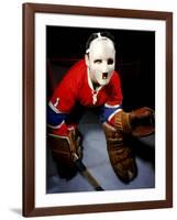 Jacques Plante, Goalie of the Montreal Canadiens Wearing a Mask-null-Framed Premium Photographic Print