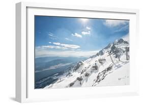 Jade Dragon Snow Mountain with Blue Cable Cars and View on the Lower Regions of Yunnan, China, Asia-Andreas Brandl-Framed Photographic Print