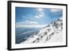 Jade Dragon Snow Mountain with Blue Cable Cars and View on the Lower Regions of Yunnan, China, Asia-Andreas Brandl-Framed Photographic Print