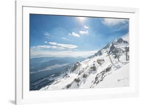 Jade Dragon Snow Mountain with Blue Cable Cars and View on the Lower Regions of Yunnan, China, Asia-Andreas Brandl-Framed Photographic Print