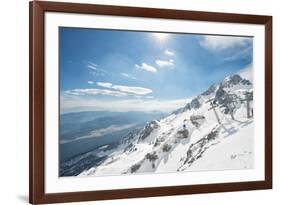 Jade Dragon Snow Mountain with Blue Cable Cars and View on the Lower Regions of Yunnan, China, Asia-Andreas Brandl-Framed Photographic Print